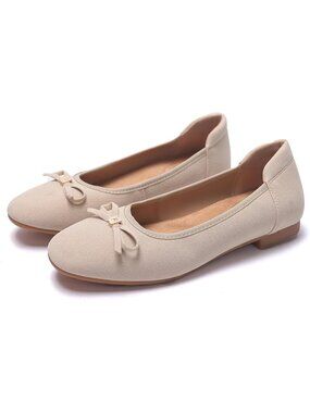 Women's Beige Faux Leather Dressy Comfortable Round Toe Bow Ballet Flats Shoes